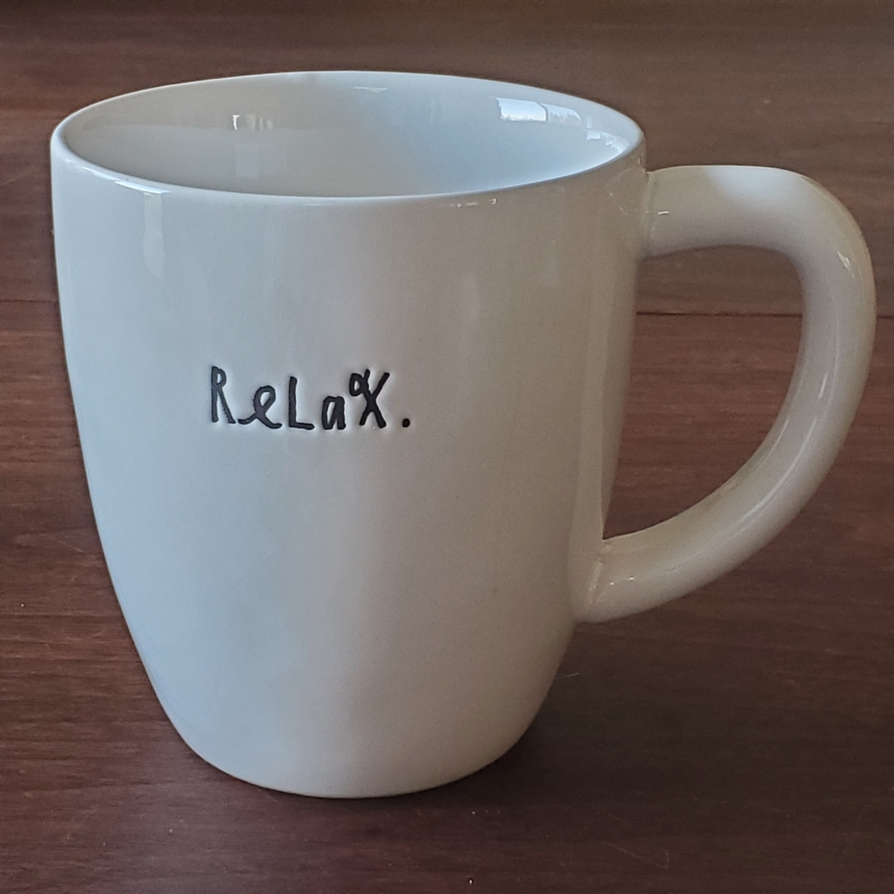 Rae Dunn Artisan Collection by Magenta Relax Cursive Script White Coffee Tea Mug